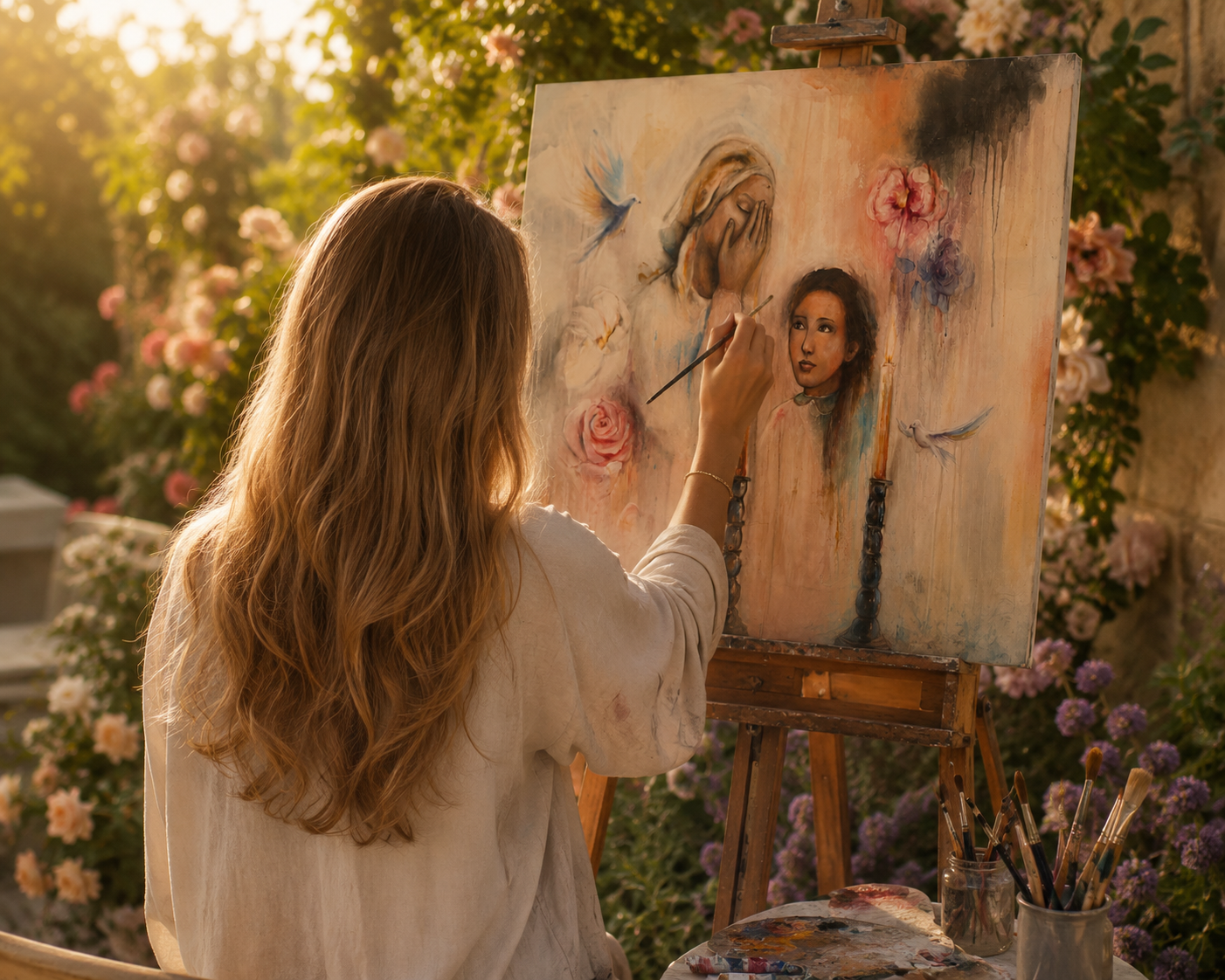 Sarah painting in her studio