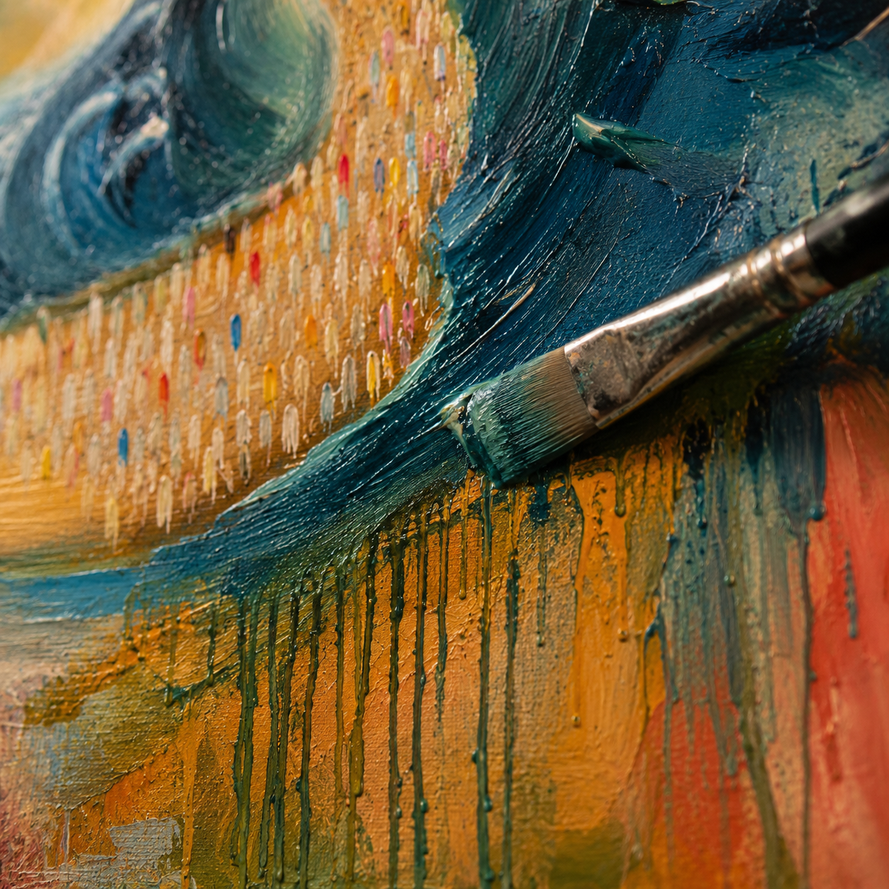 Close-up of paintbrush creating expressive brushstrokes
