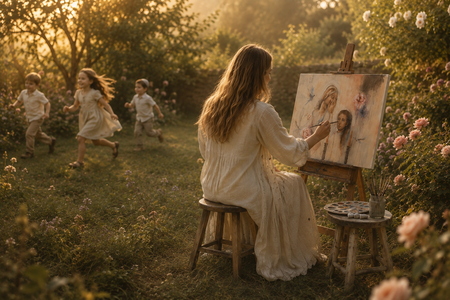 Sarah painting at her easel in a misty field